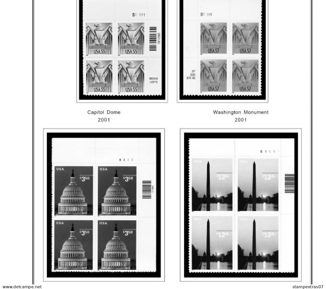 US 2000-2005 PLATE BLOCKS STAMP ALBUM PAGES (68 b&w illustrated pages)