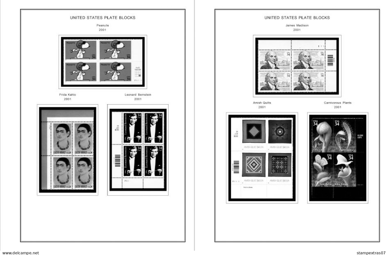 US 2000-2005 PLATE BLOCKS STAMP ALBUM PAGES (68 b&w illustrated pages)