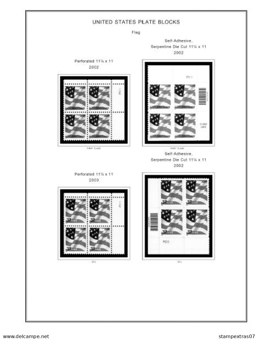 US 2000-2005 PLATE BLOCKS STAMP ALBUM PAGES (68 b&w illustrated pages)