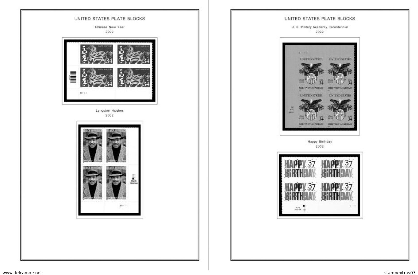US 2000-2005 PLATE BLOCKS STAMP ALBUM PAGES (68 b&w illustrated pages)