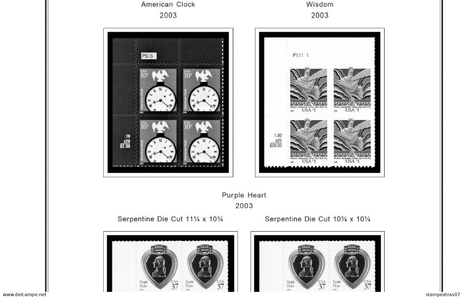 US 2000-2005 PLATE BLOCKS STAMP ALBUM PAGES (68 b&w illustrated pages)