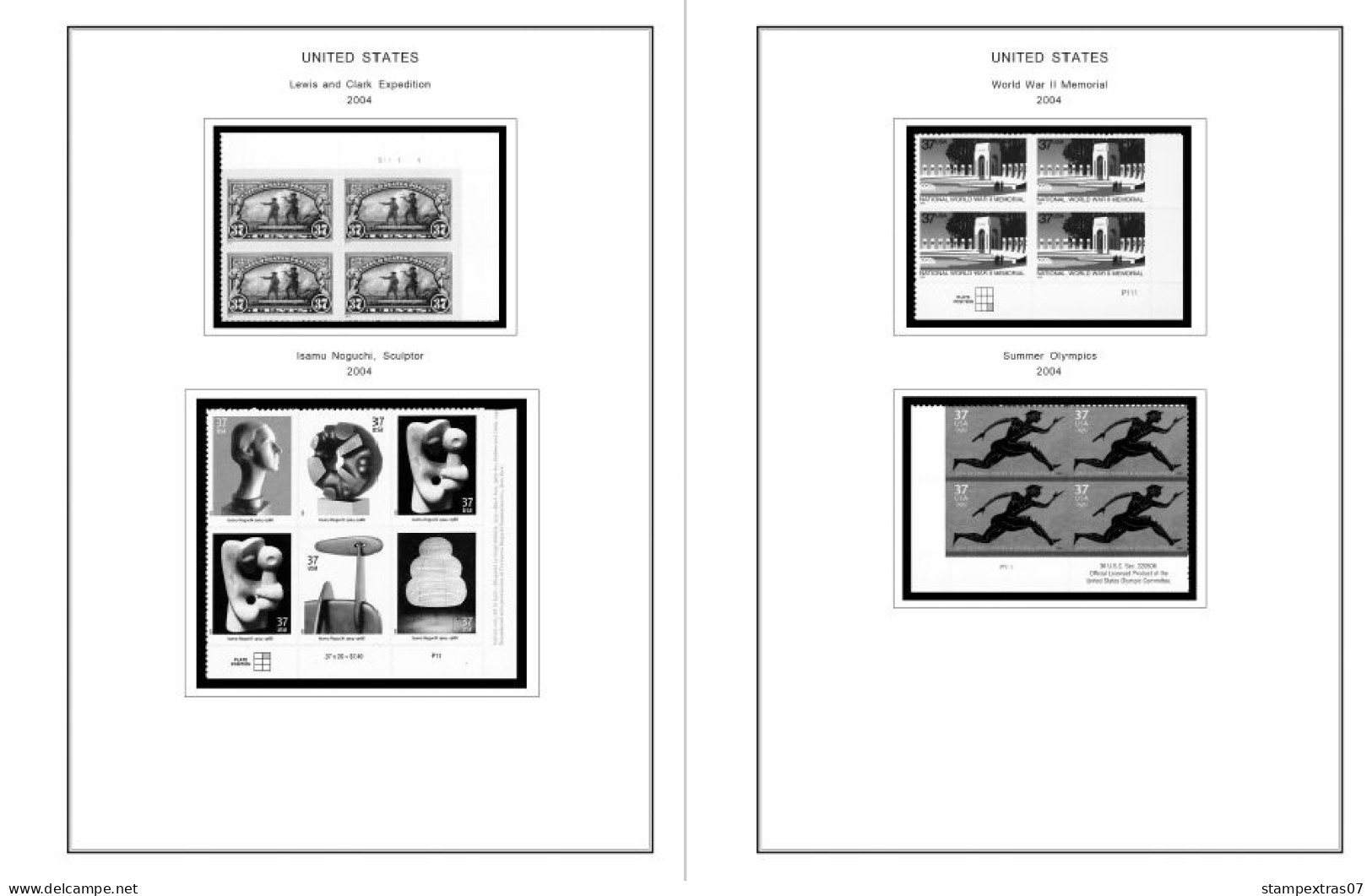 US 2000-2005 PLATE BLOCKS STAMP ALBUM PAGES (68 b&w illustrated pages)