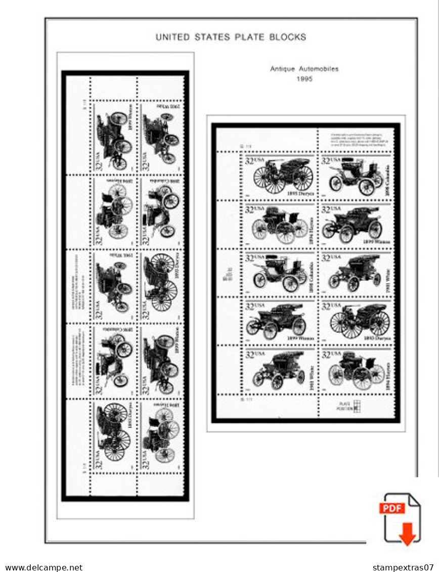 US 1990-1999 PLATE BLOCKS STAMP ALBUM PAGES (119 B&w Illustrated Pages) - English