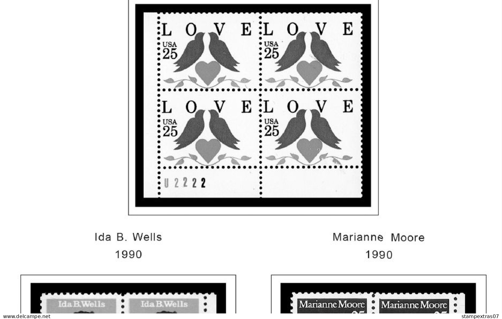 US 1990-1999 PLATE BLOCKS STAMP ALBUM PAGES (119 B&w Illustrated Pages) - English