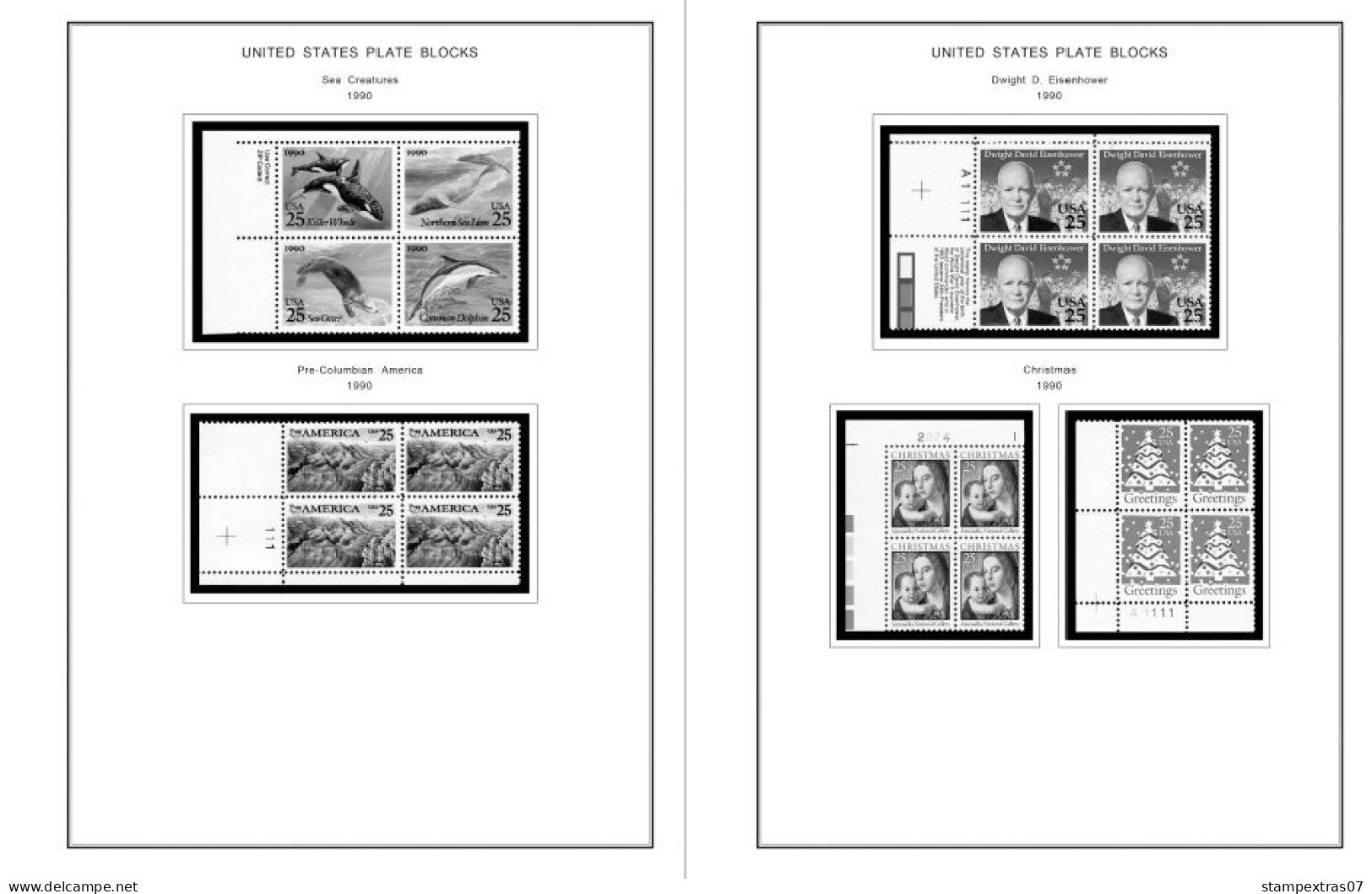 US 1990-1999 PLATE BLOCKS STAMP ALBUM PAGES (119 B&w Illustrated Pages) - English