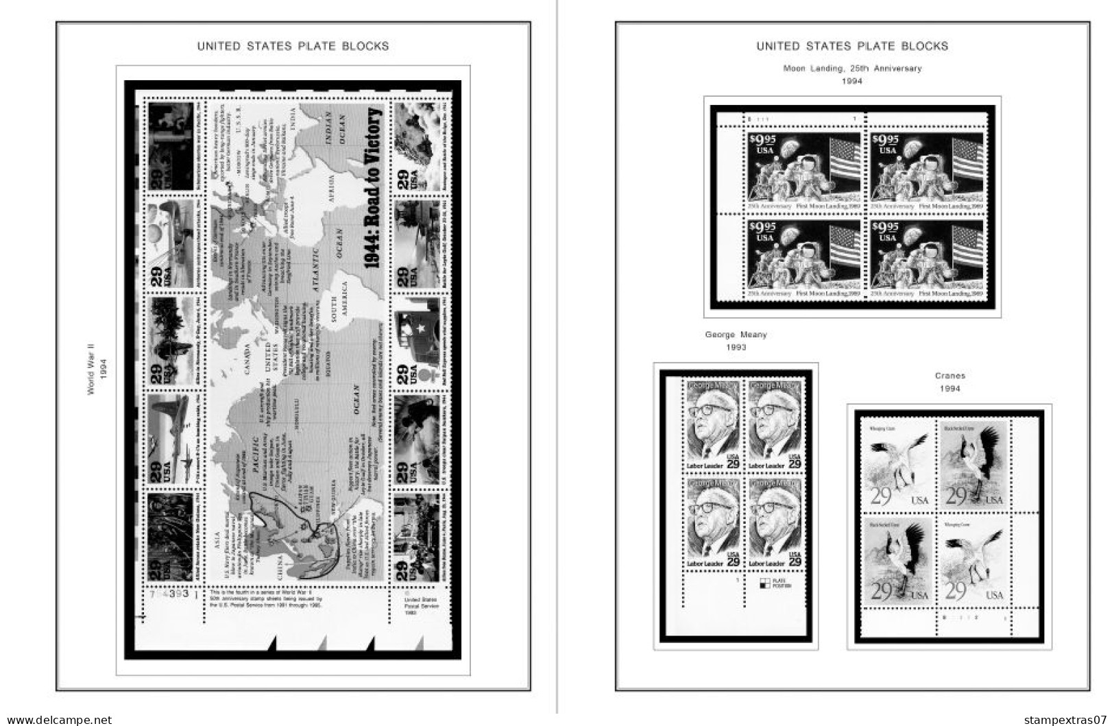 US 1990-1999 PLATE BLOCKS STAMP ALBUM PAGES (119 b&w illustrated pages)