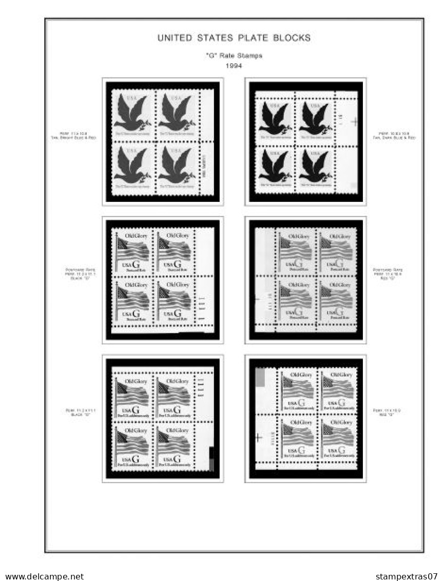 US 1990-1999 PLATE BLOCKS STAMP ALBUM PAGES (119 b&w illustrated pages)