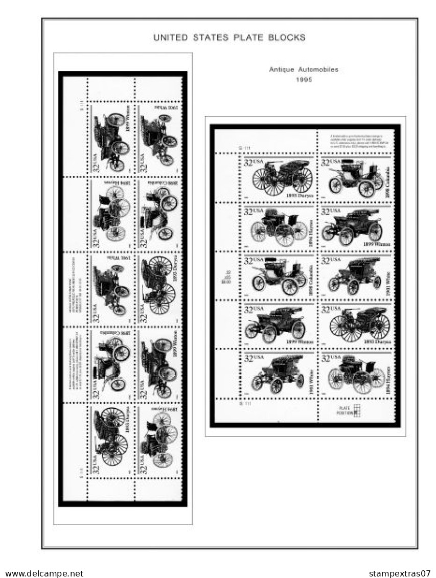 US 1990-1999 PLATE BLOCKS STAMP ALBUM PAGES (119 b&w illustrated pages)