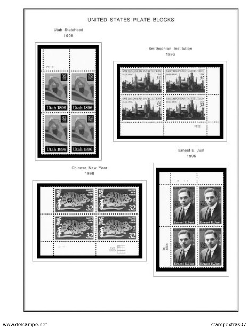 US 1990-1999 PLATE BLOCKS STAMP ALBUM PAGES (119 b&w illustrated pages)