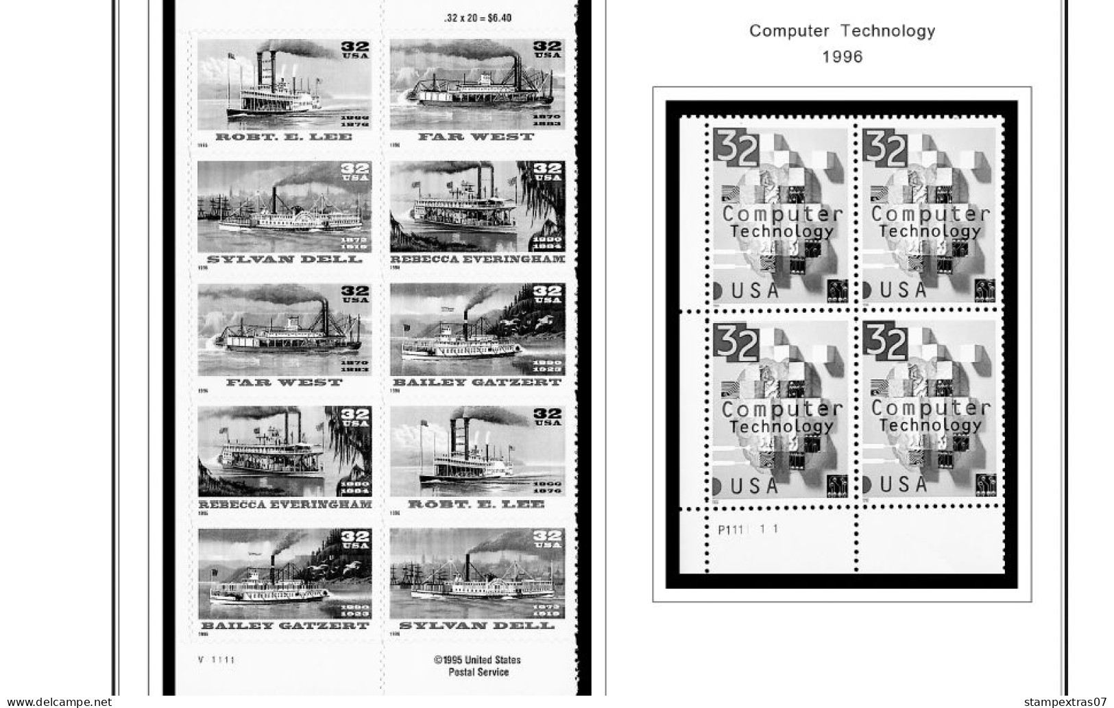 US 1990-1999 PLATE BLOCKS STAMP ALBUM PAGES (119 b&w illustrated pages)