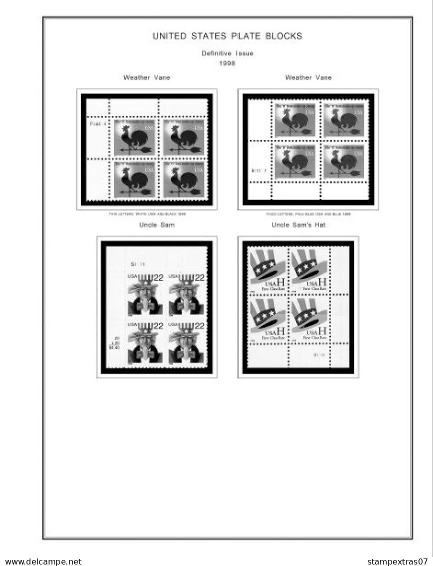 US 1990-1999 PLATE BLOCKS STAMP ALBUM PAGES (119 b&w illustrated pages)