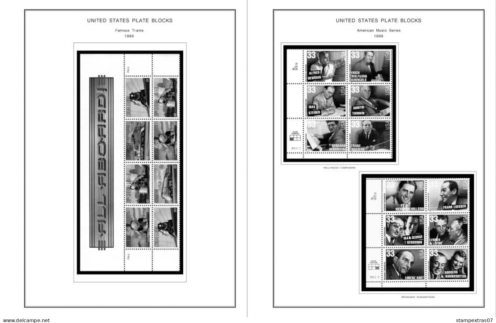 US 1990-1999 PLATE BLOCKS STAMP ALBUM PAGES (119 b&w illustrated pages)