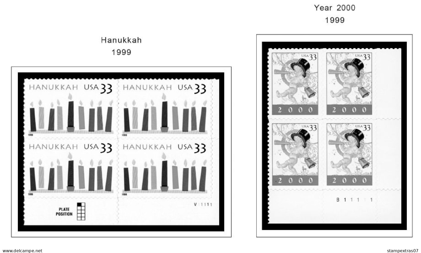 US 1990-1999 PLATE BLOCKS STAMP ALBUM PAGES (119 b&w illustrated pages)