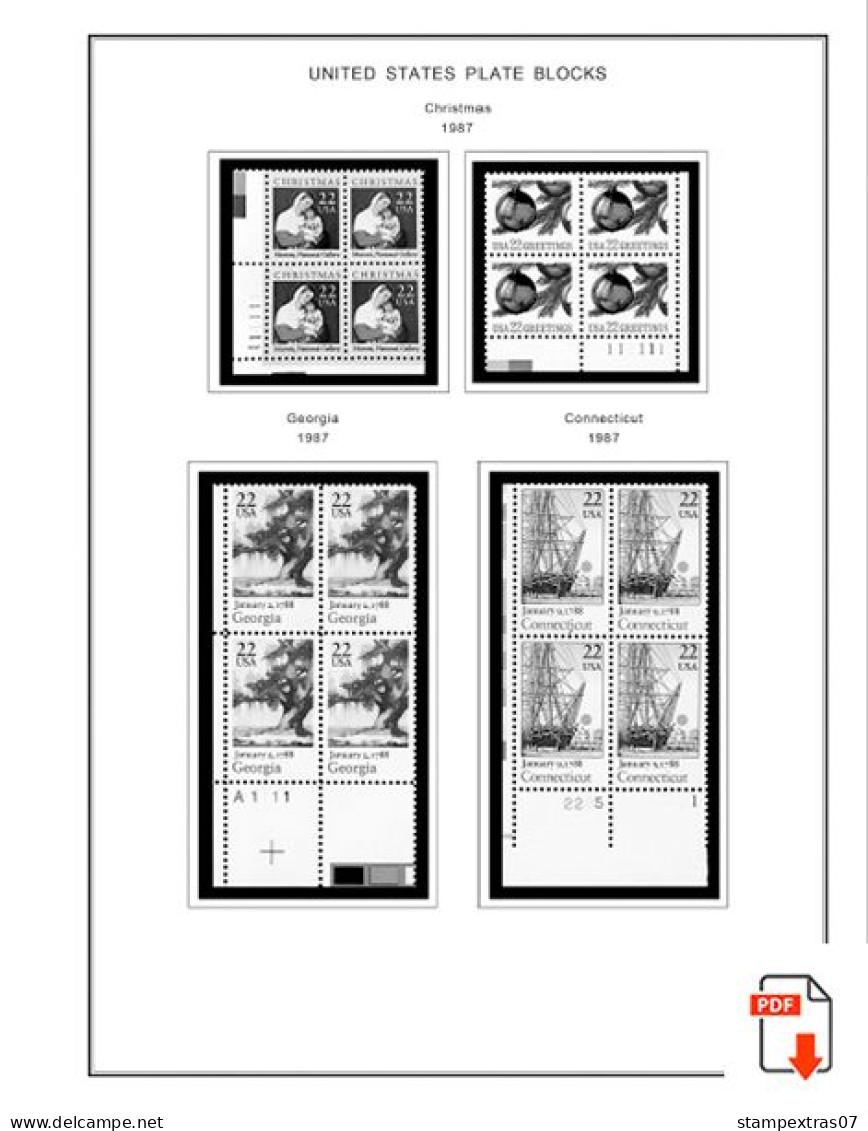 US 1980-1989 PLATE BLOCKS STAMP ALBUM PAGES (104 B&w Illustrated Pages) - English