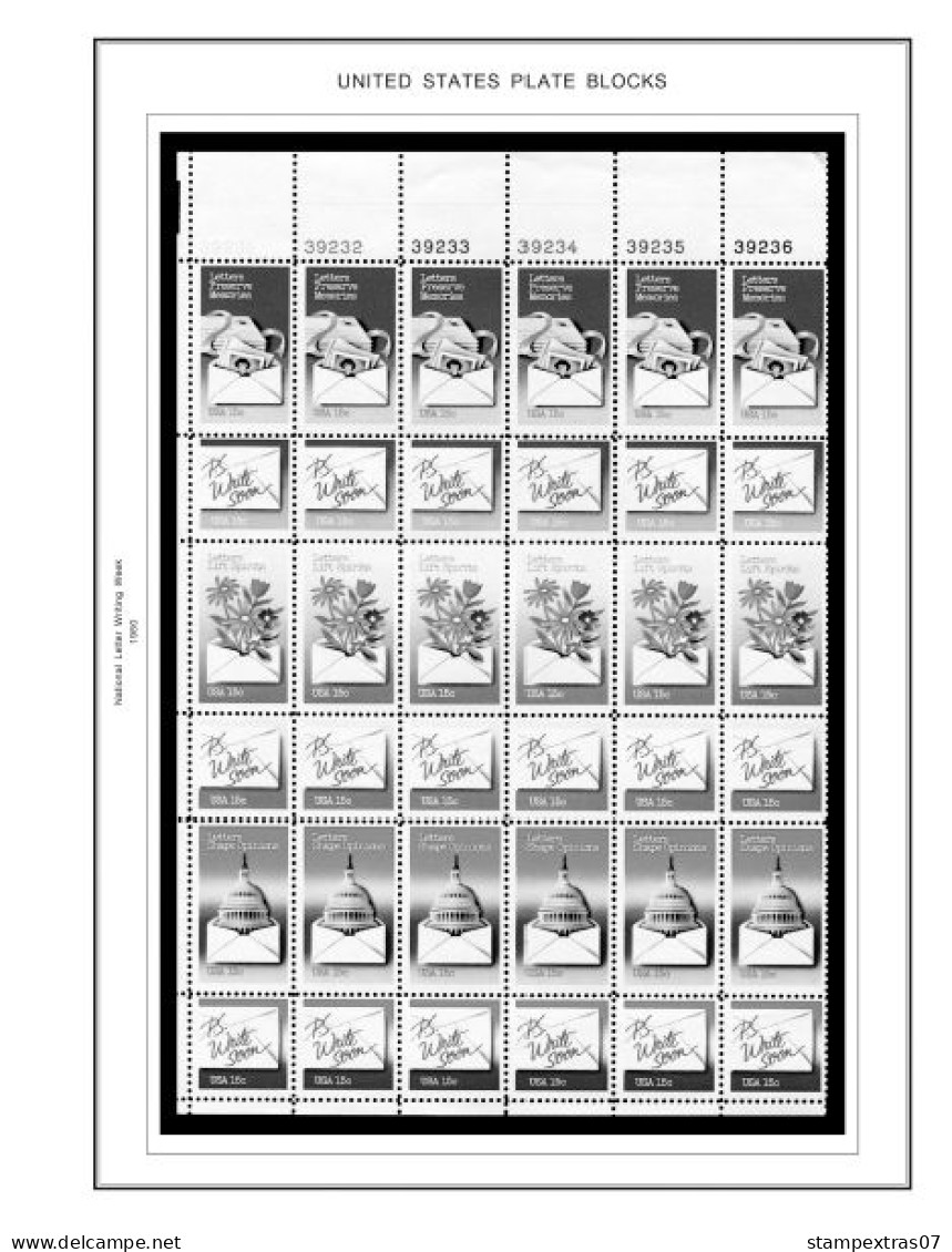 US 1980-1989 PLATE BLOCKS STAMP ALBUM PAGES (104 B&w Illustrated Pages) - Anglais