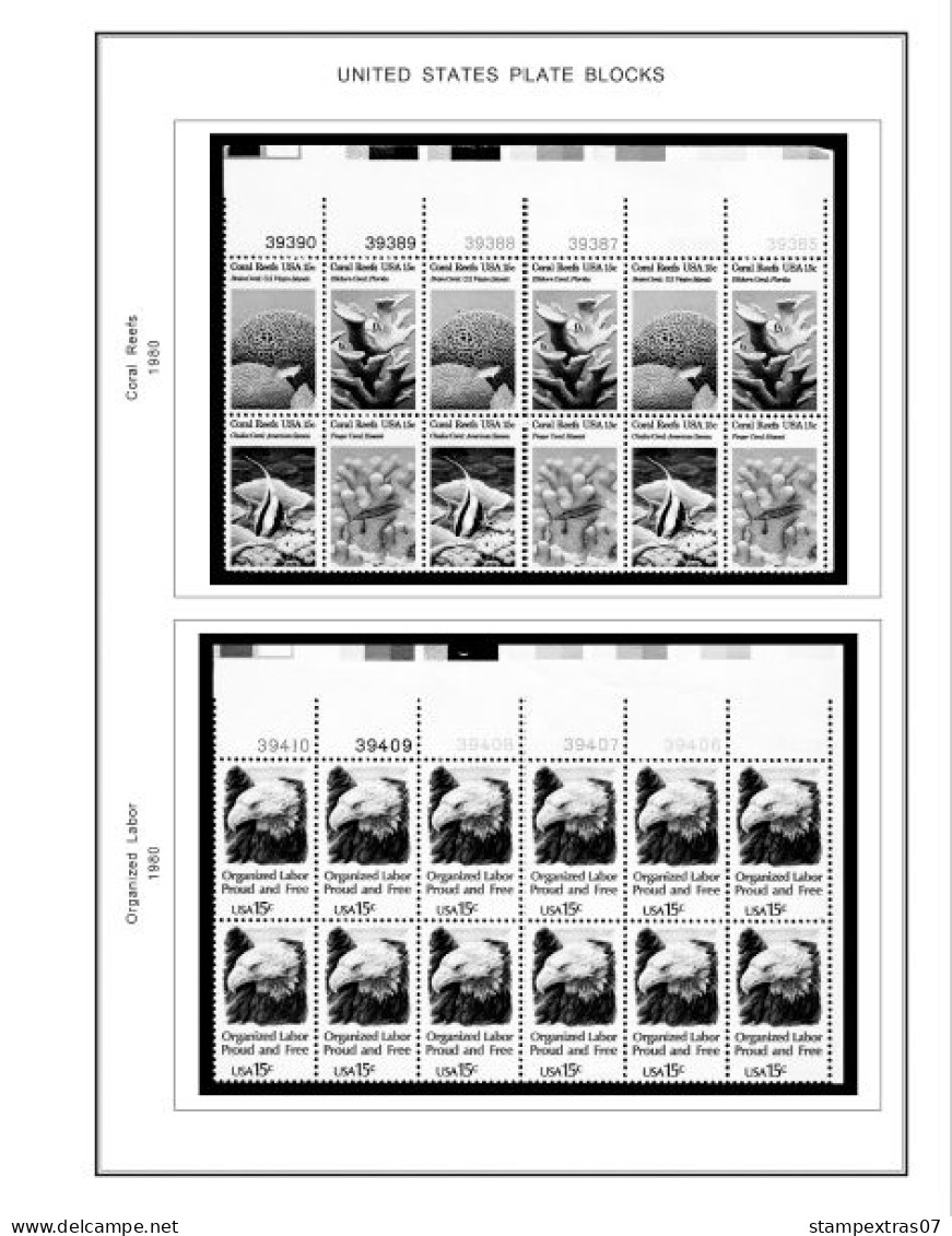 US 1980-1989 PLATE BLOCKS STAMP ALBUM PAGES (104 B&w Illustrated Pages) - English