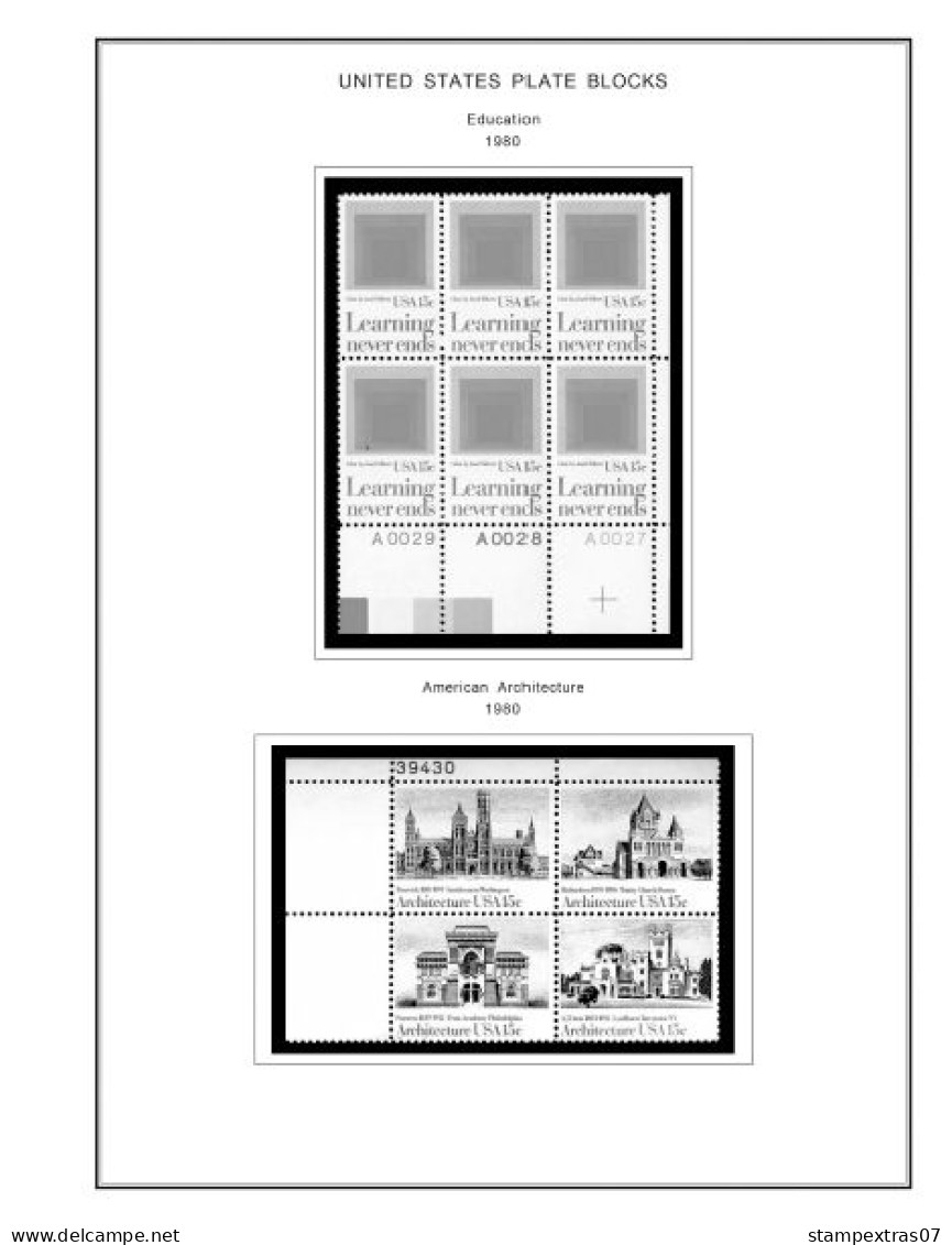 US 1980-1989 PLATE BLOCKS STAMP ALBUM PAGES (104 b&w illustrated pages)