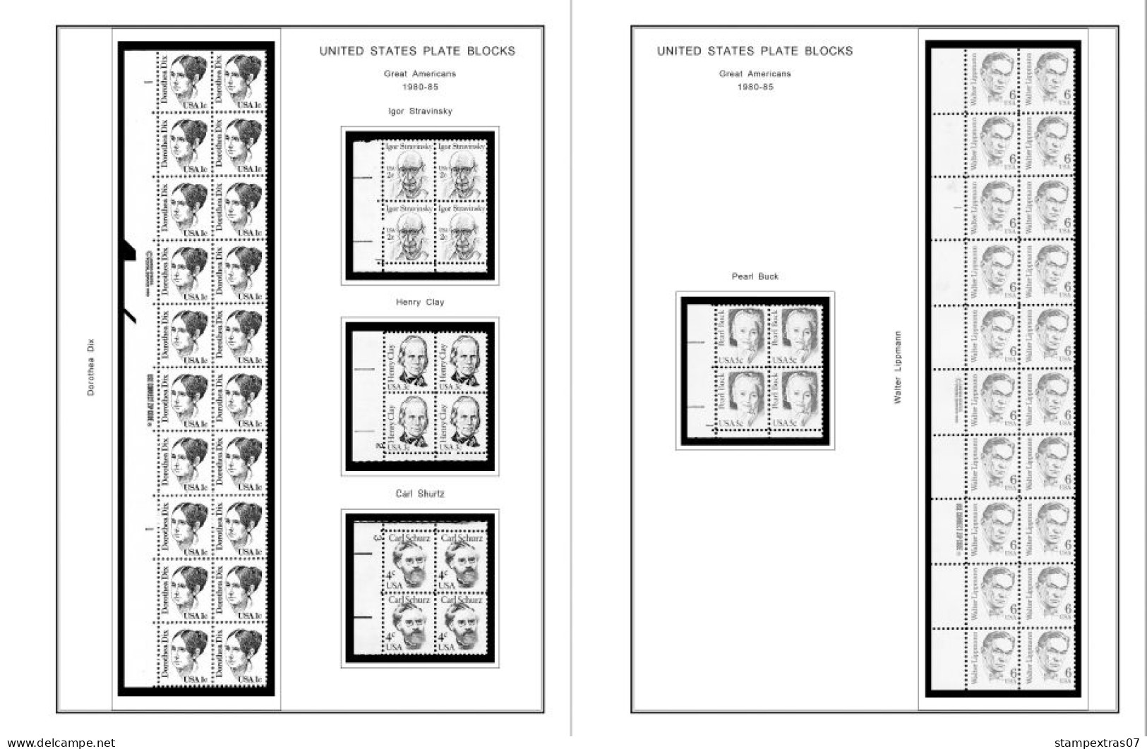 US 1980-1989 PLATE BLOCKS STAMP ALBUM PAGES (104 b&w illustrated pages)