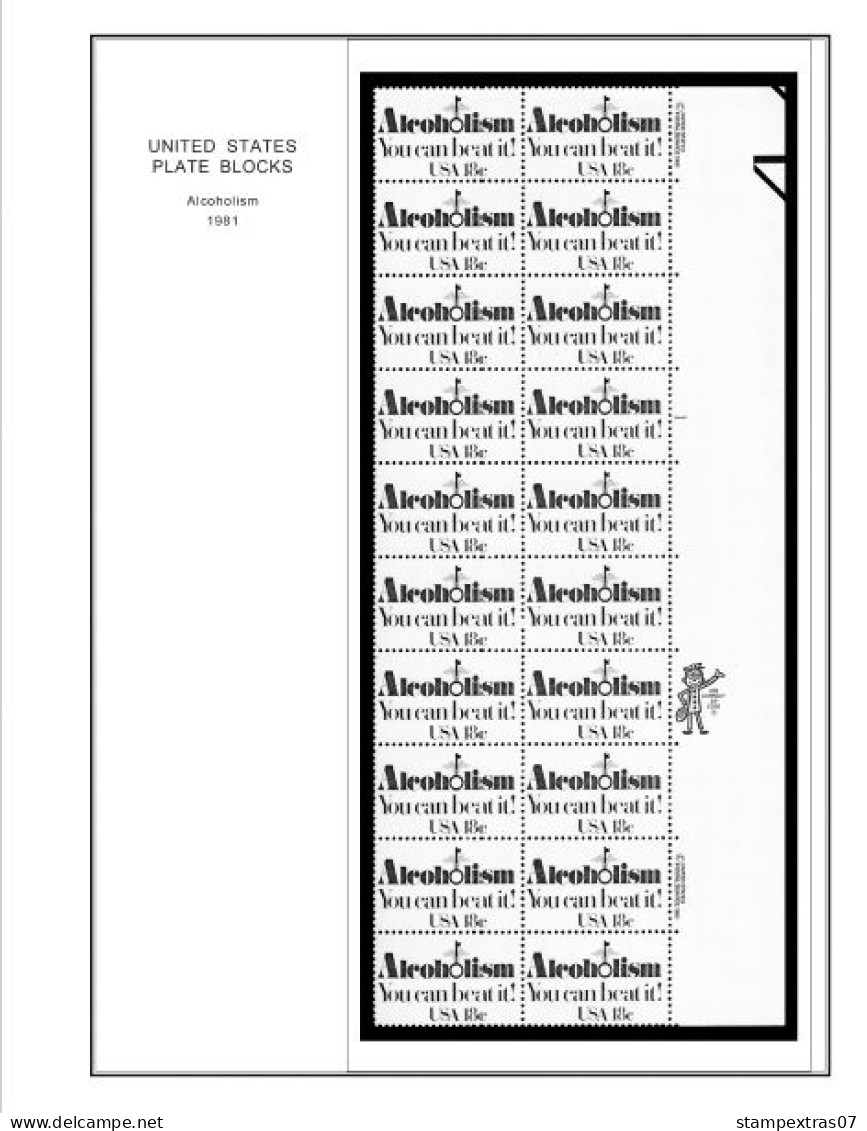 US 1980-1989 PLATE BLOCKS STAMP ALBUM PAGES (104 b&w illustrated pages)