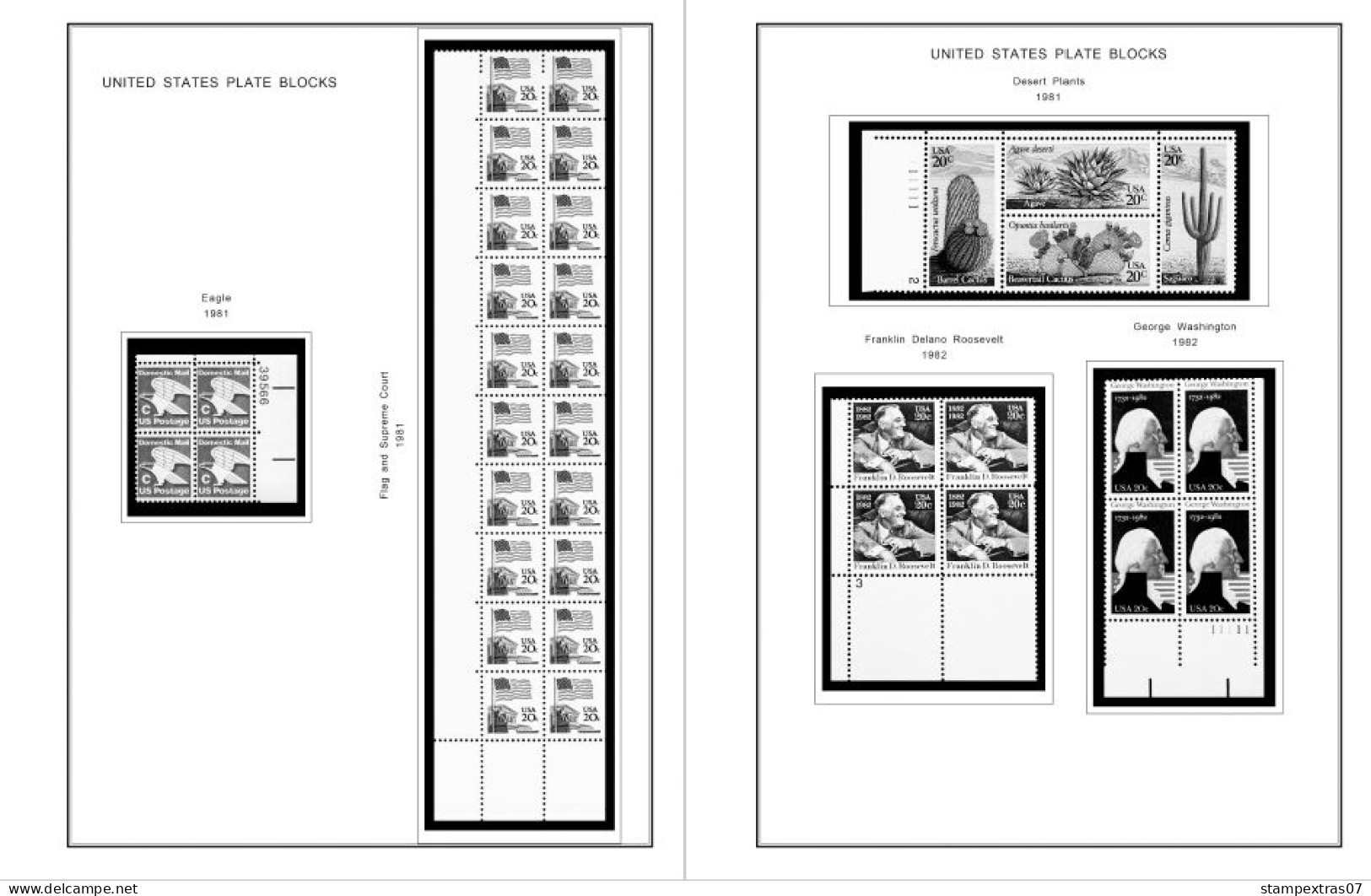 US 1980-1989 PLATE BLOCKS STAMP ALBUM PAGES (104 b&w illustrated pages)