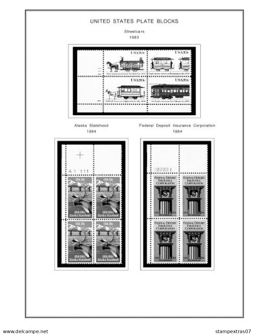 US 1980-1989 PLATE BLOCKS STAMP ALBUM PAGES (104 b&w illustrated pages)