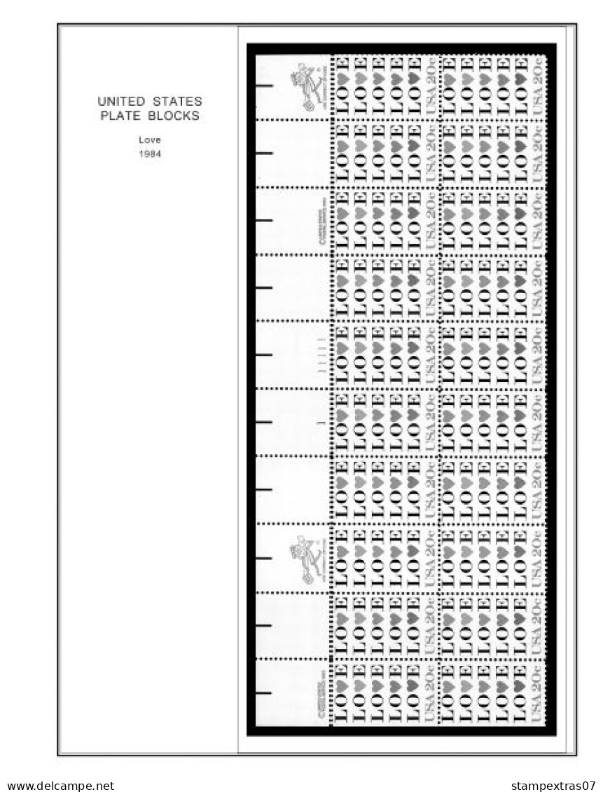 US 1980-1989 PLATE BLOCKS STAMP ALBUM PAGES (104 b&w illustrated pages)