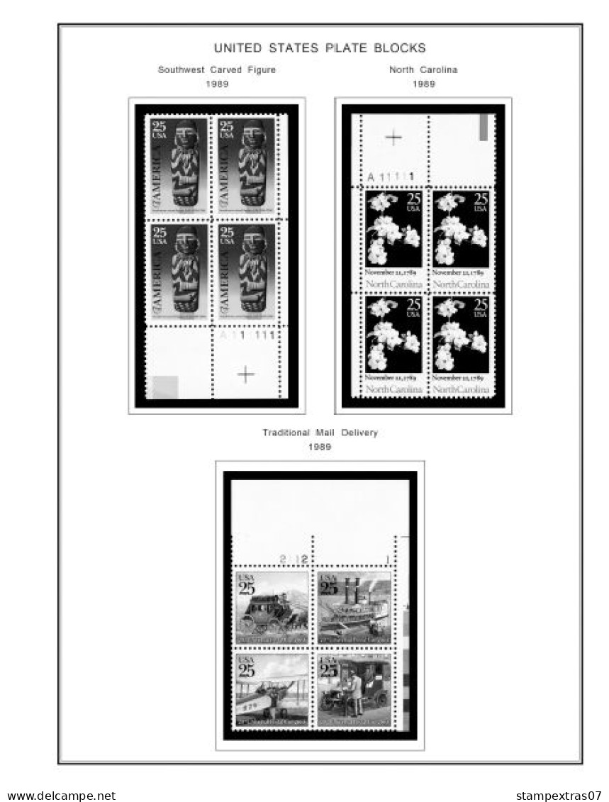 US 1980-1989 PLATE BLOCKS STAMP ALBUM PAGES (104 b&w illustrated pages)