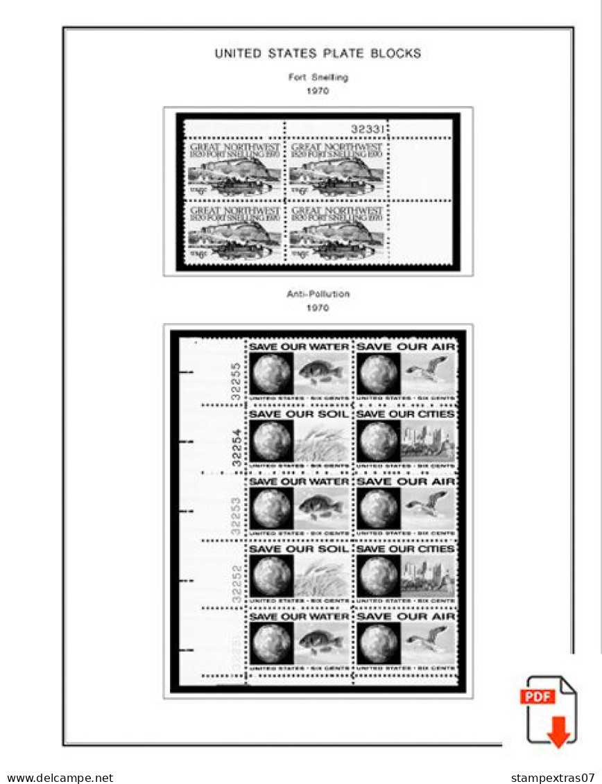 US 1970-1979 PLATE BLOCKS STAMP ALBUM PAGES (112 B&w Illustrated Pages) - English