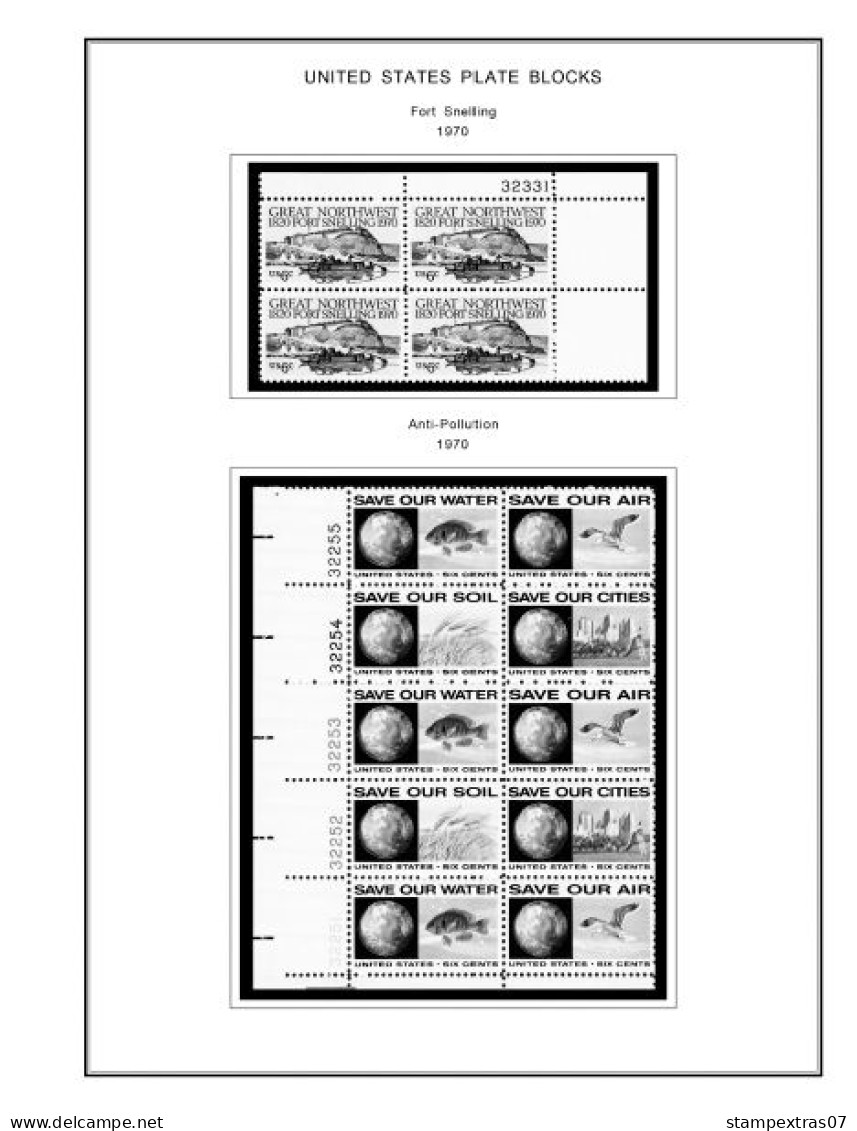 US 1970-1979 PLATE BLOCKS STAMP ALBUM PAGES (112 B&w Illustrated Pages) - Inglese