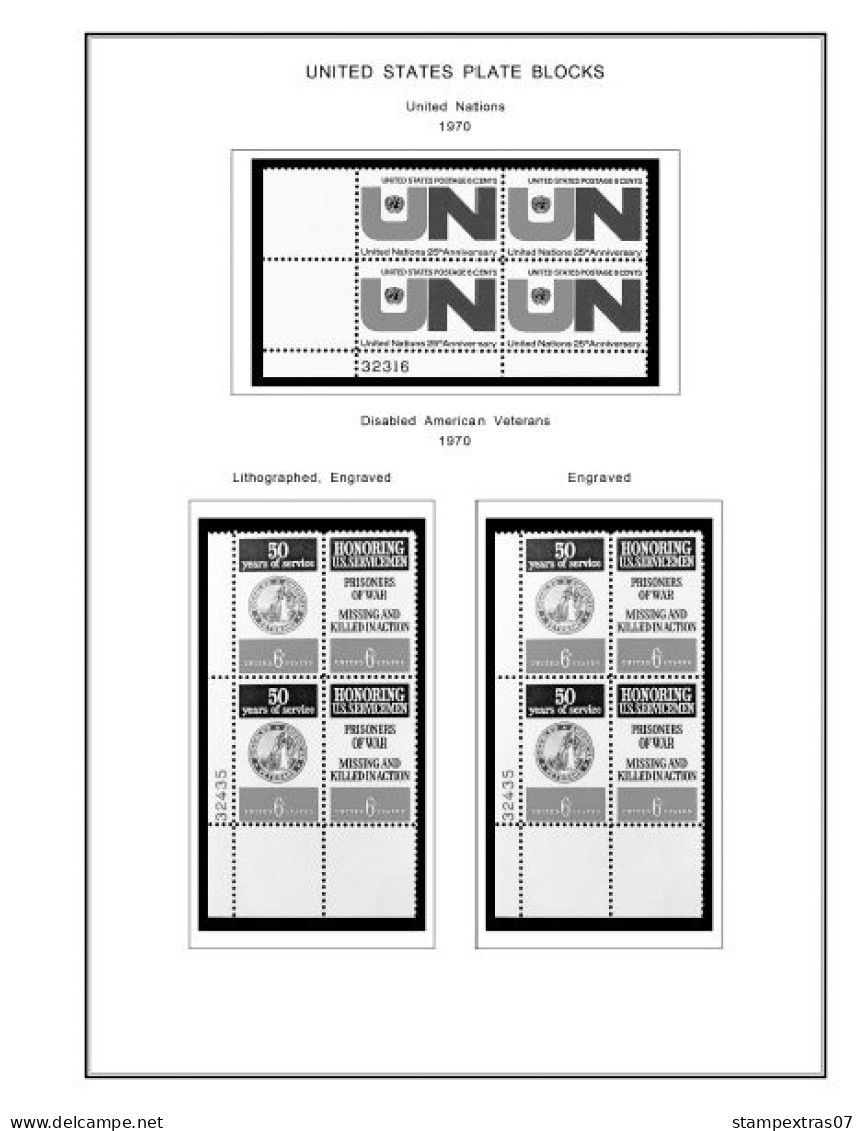 US 1970-1979 PLATE BLOCKS STAMP ALBUM PAGES (112 B&w Illustrated Pages) - Inglés