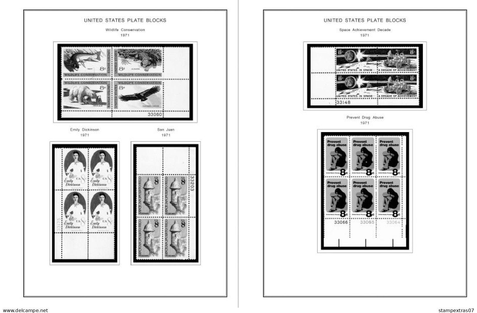 US 1970-1979 PLATE BLOCKS STAMP ALBUM PAGES (112 b&w illustrated pages)