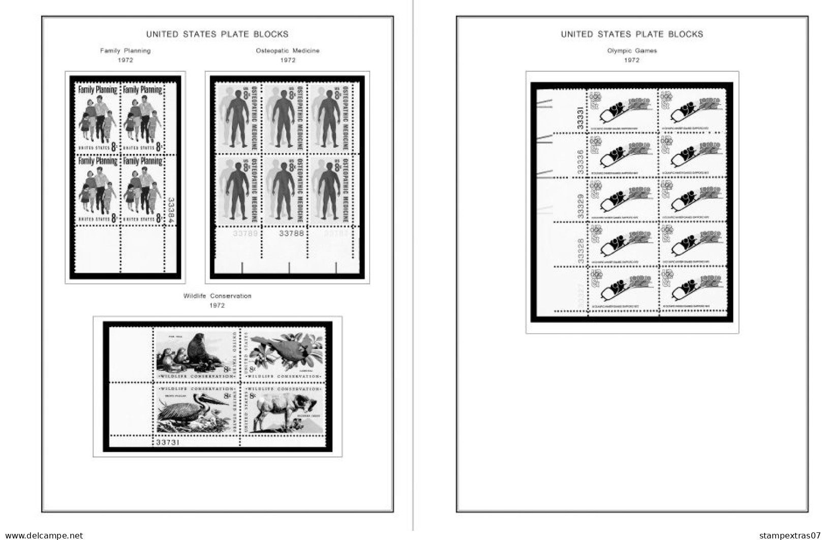 US 1970-1979 PLATE BLOCKS STAMP ALBUM PAGES (112 b&w illustrated pages)