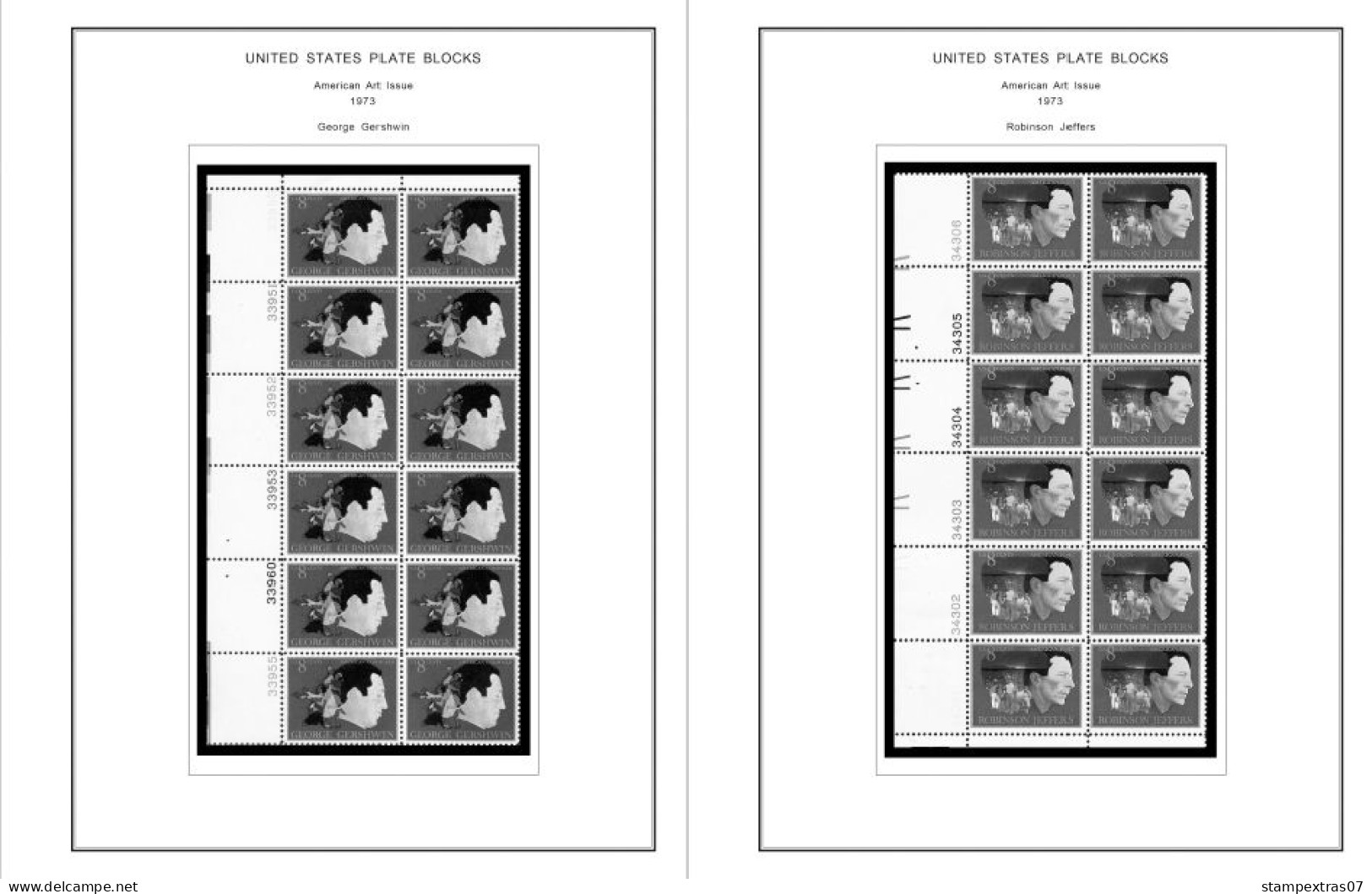 US 1970-1979 PLATE BLOCKS STAMP ALBUM PAGES (112 b&w illustrated pages)