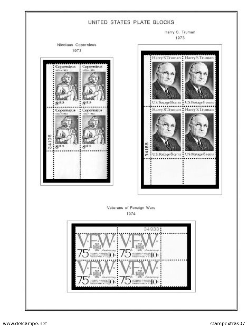 US 1970-1979 PLATE BLOCKS STAMP ALBUM PAGES (112 b&w illustrated pages)