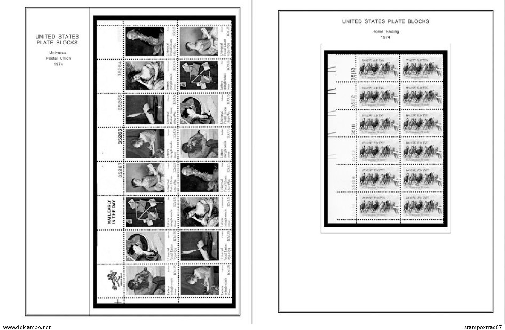 US 1970-1979 PLATE BLOCKS STAMP ALBUM PAGES (112 b&w illustrated pages)