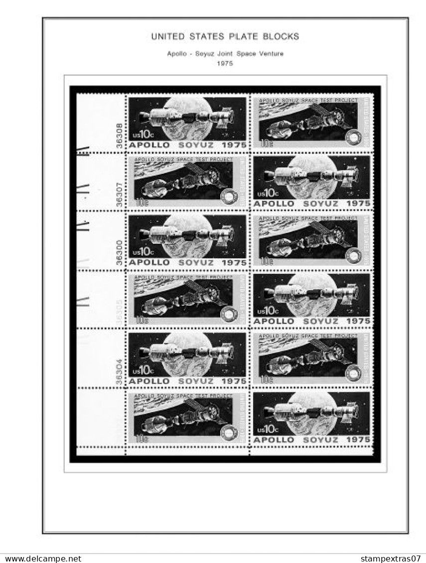 US 1970-1979 PLATE BLOCKS STAMP ALBUM PAGES (112 b&w illustrated pages)