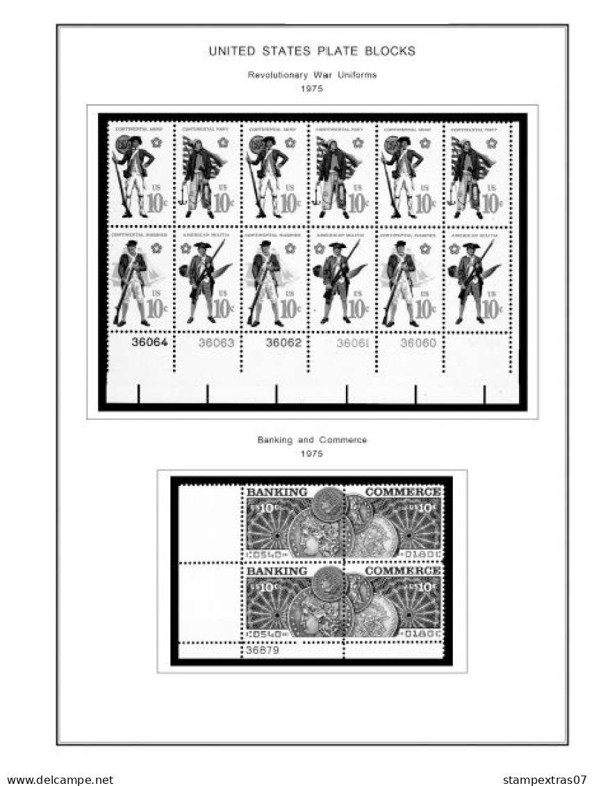 US 1970-1979 PLATE BLOCKS STAMP ALBUM PAGES (112 b&w illustrated pages)