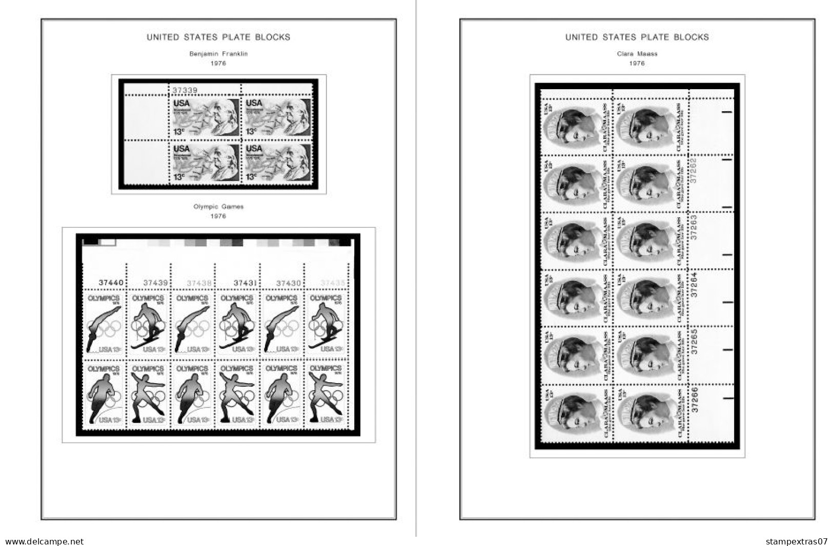 US 1970-1979 PLATE BLOCKS STAMP ALBUM PAGES (112 b&w illustrated pages)