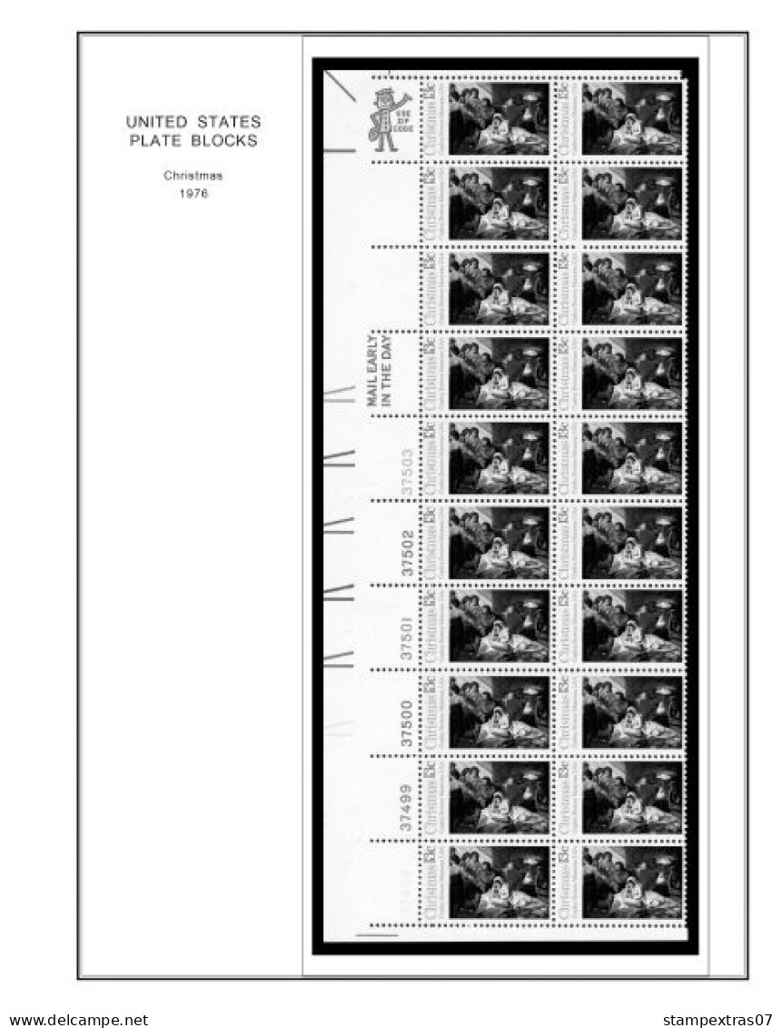 US 1970-1979 PLATE BLOCKS STAMP ALBUM PAGES (112 b&w illustrated pages)