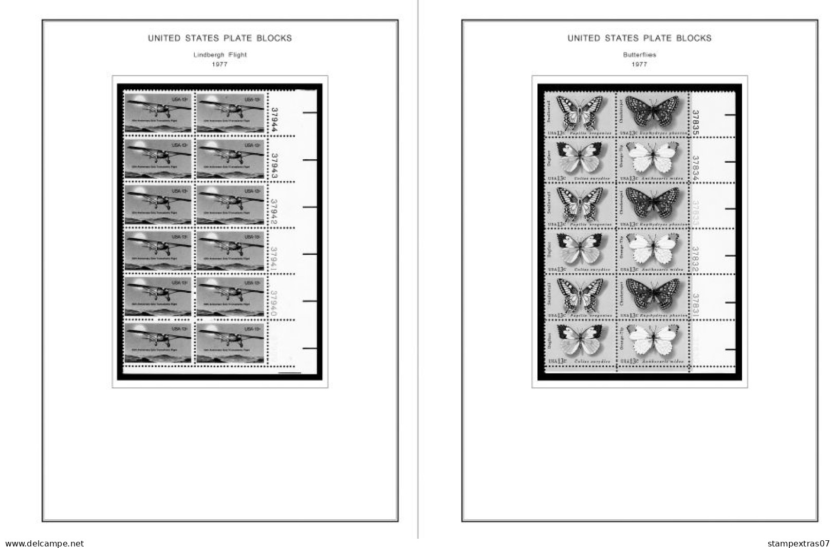 US 1970-1979 PLATE BLOCKS STAMP ALBUM PAGES (112 b&w illustrated pages)