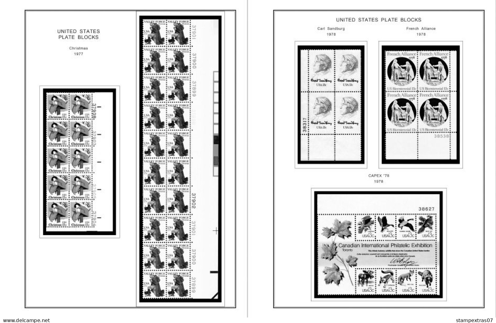 US 1970-1979 PLATE BLOCKS STAMP ALBUM PAGES (112 b&w illustrated pages)