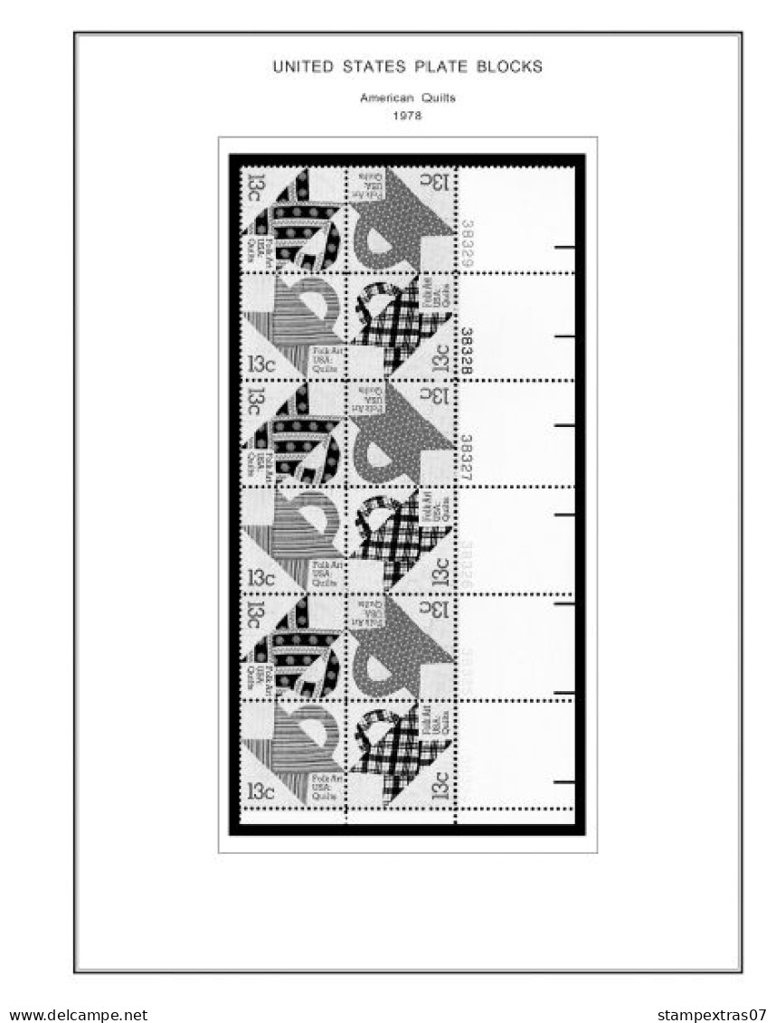 US 1970-1979 PLATE BLOCKS STAMP ALBUM PAGES (112 b&w illustrated pages)