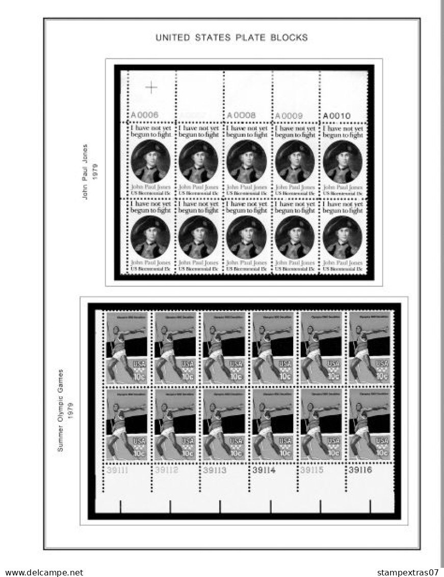 US 1970-1979 PLATE BLOCKS STAMP ALBUM PAGES (112 b&w illustrated pages)