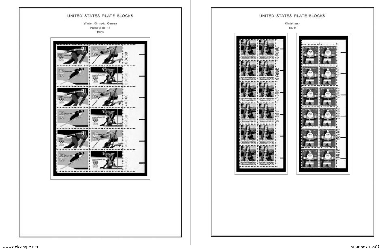 US 1970-1979 PLATE BLOCKS STAMP ALBUM PAGES (112 b&w illustrated pages)