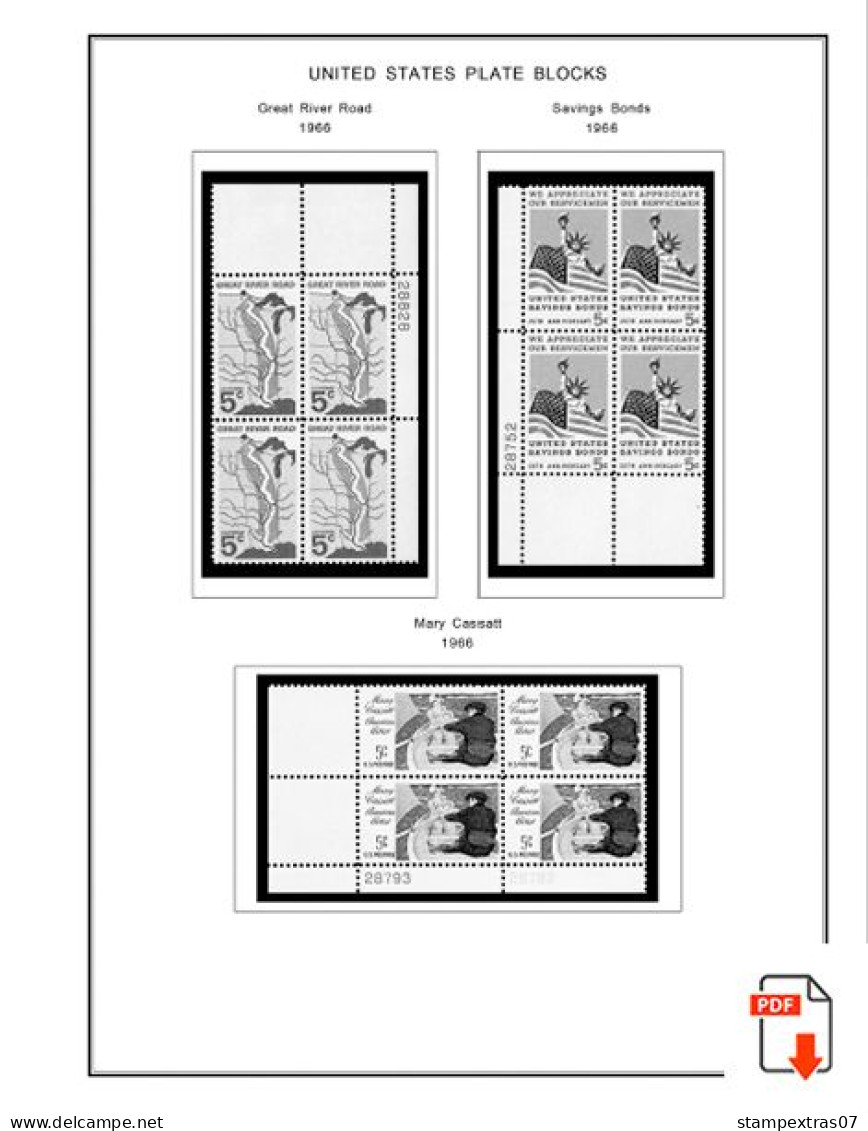 US 1960-1969 PLATE BLOCKS STAMP ALBUM PAGES (68 B&w Illustrated Pages) - Inglés