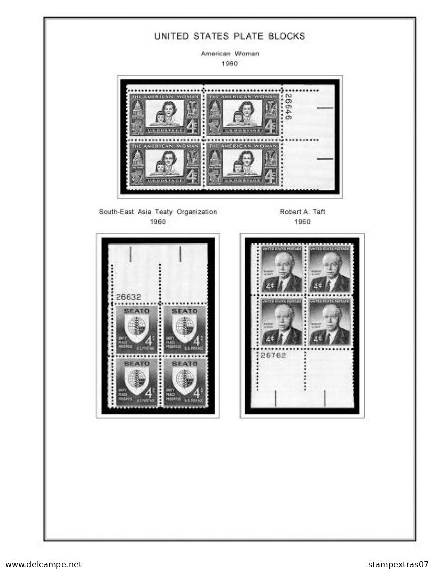 US 1960-1969 PLATE BLOCKS STAMP ALBUM PAGES (68 B&w Illustrated Pages) - Inglés