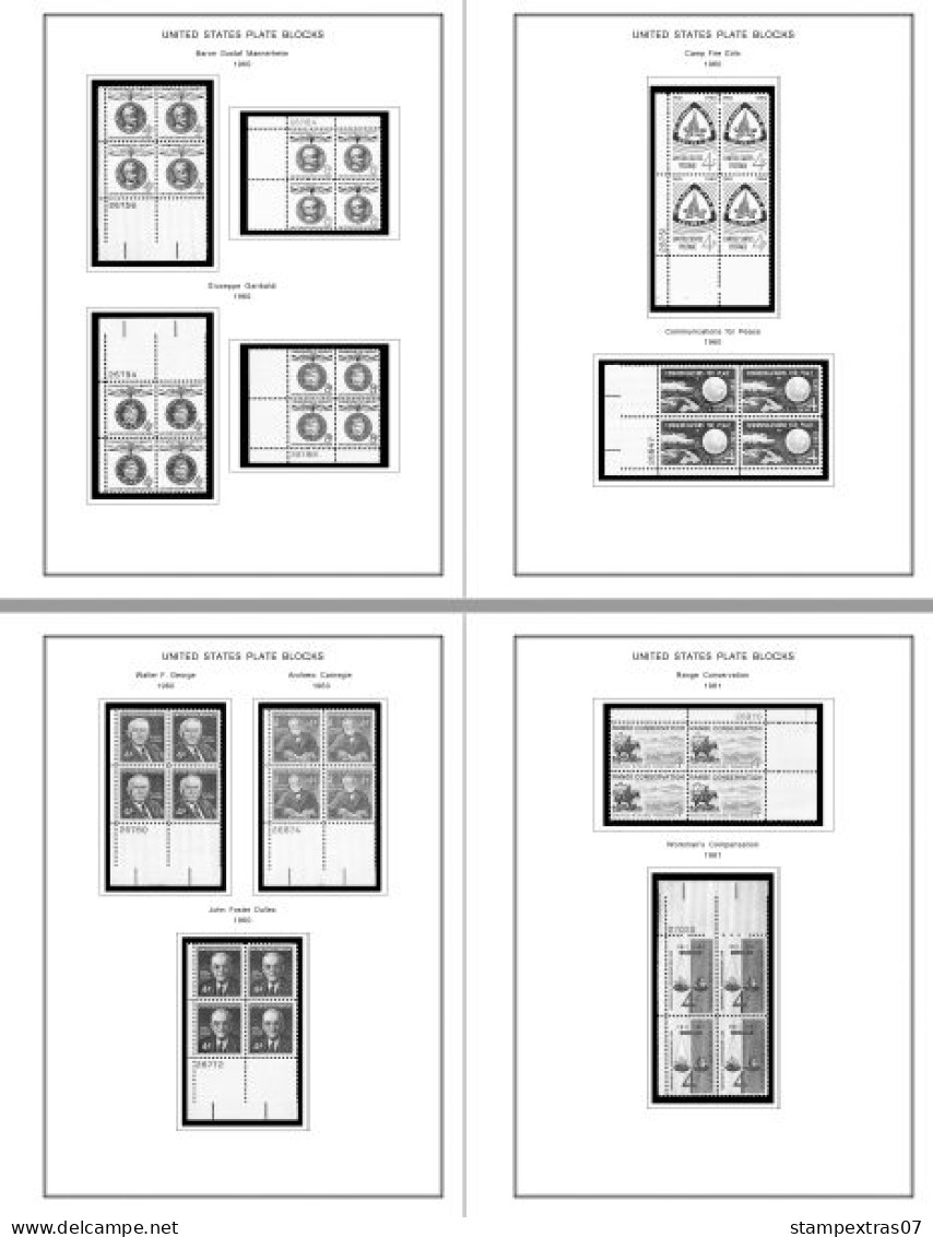 US 1960-1969 PLATE BLOCKS STAMP ALBUM PAGES (68 b&w illustrated pages)