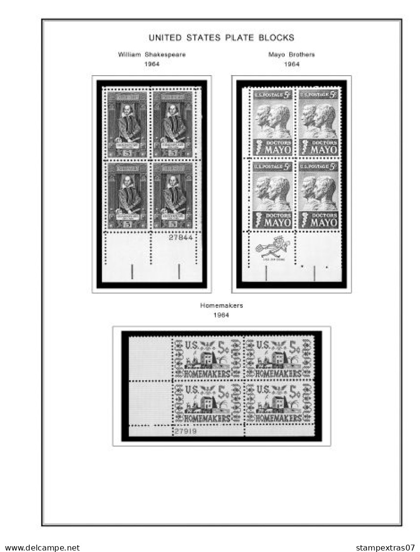 US 1960-1969 PLATE BLOCKS STAMP ALBUM PAGES (68 b&w illustrated pages)