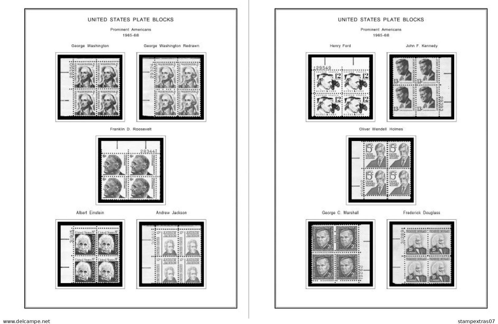 US 1960-1969 PLATE BLOCKS STAMP ALBUM PAGES (68 b&w illustrated pages)