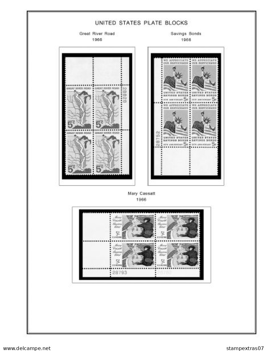 US 1960-1969 PLATE BLOCKS STAMP ALBUM PAGES (68 b&w illustrated pages)